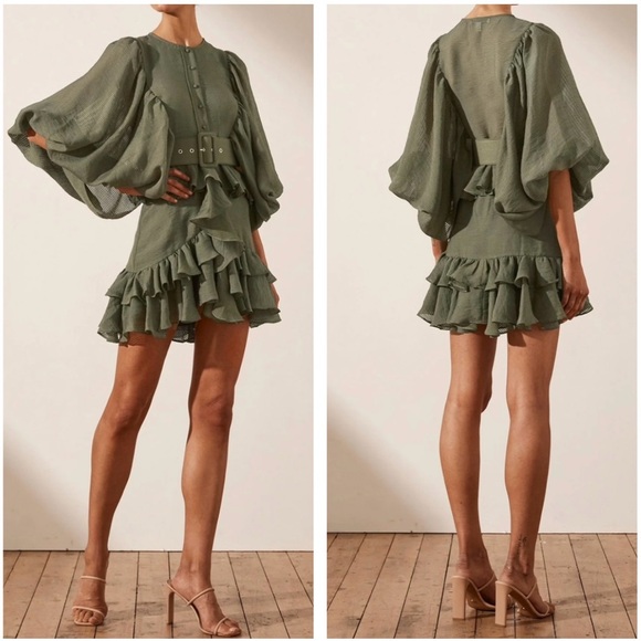 Shona Joy Charlotte Dress Draped Ruffle Balloon Sleeve in Khaki Size 4 - Picture 2 of 11